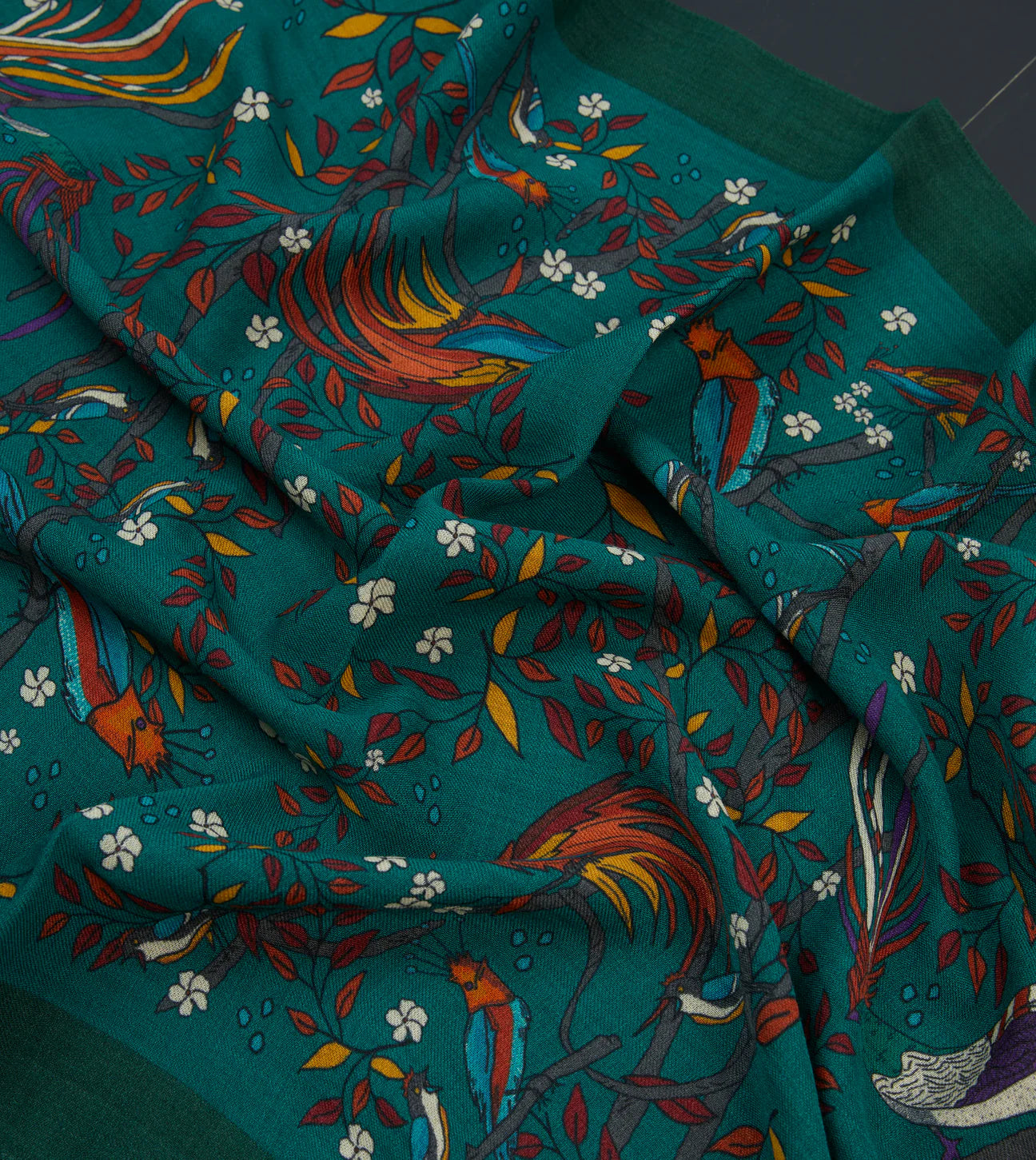 Birds of Paradise Print Wool Scarf - Green