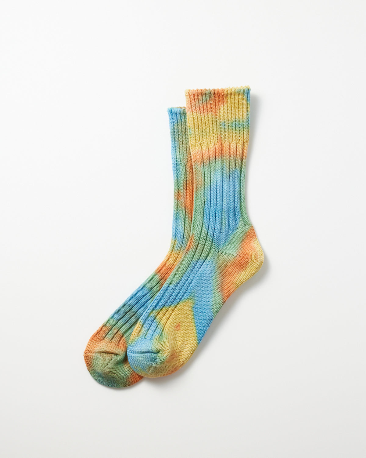 Chunky Ribbed Crew Socks "Tie Dye" - Orange/Light Blue/Light Yellow