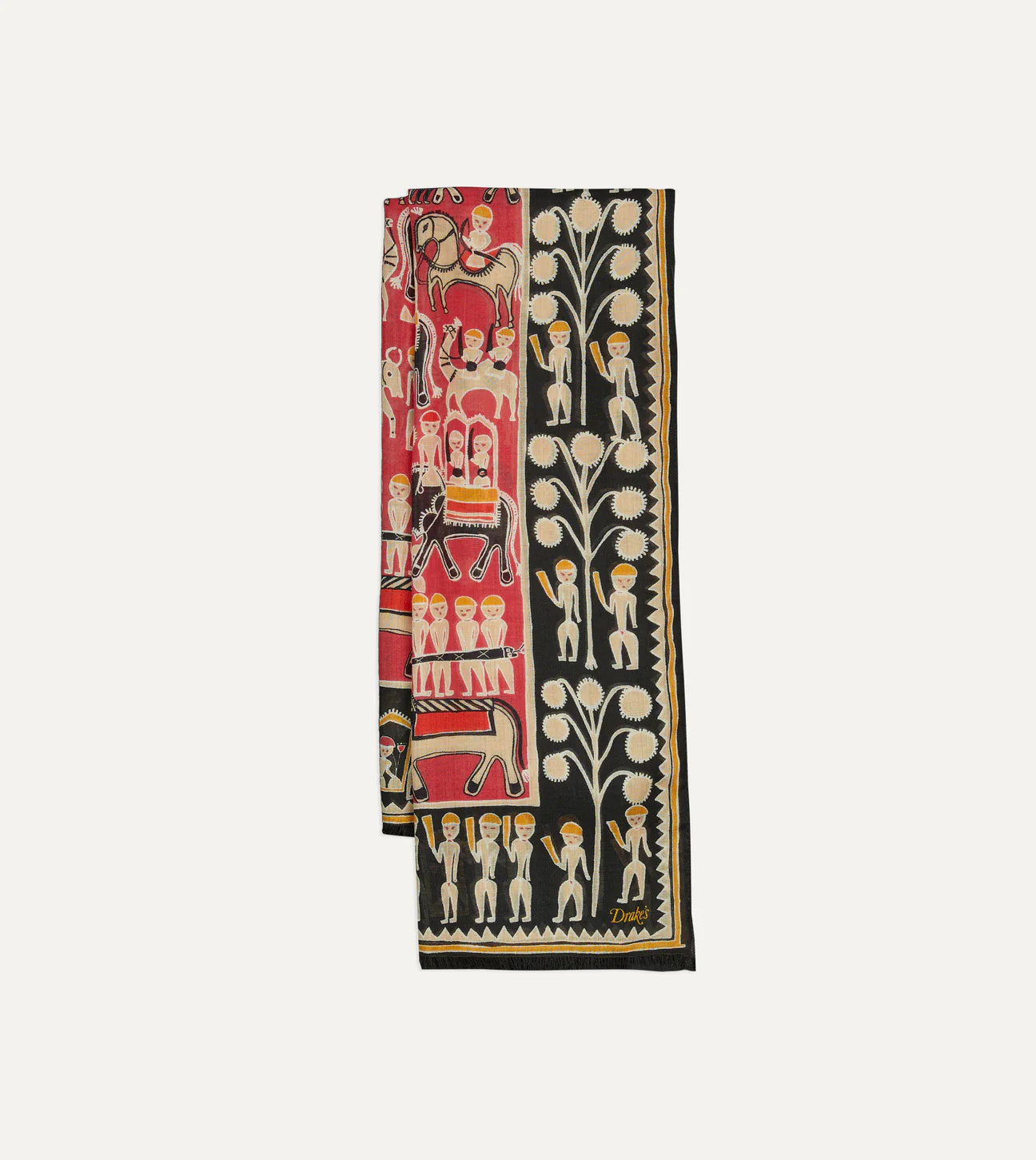 Tribal Elephants Wool-Silk Scarf - Black and Red