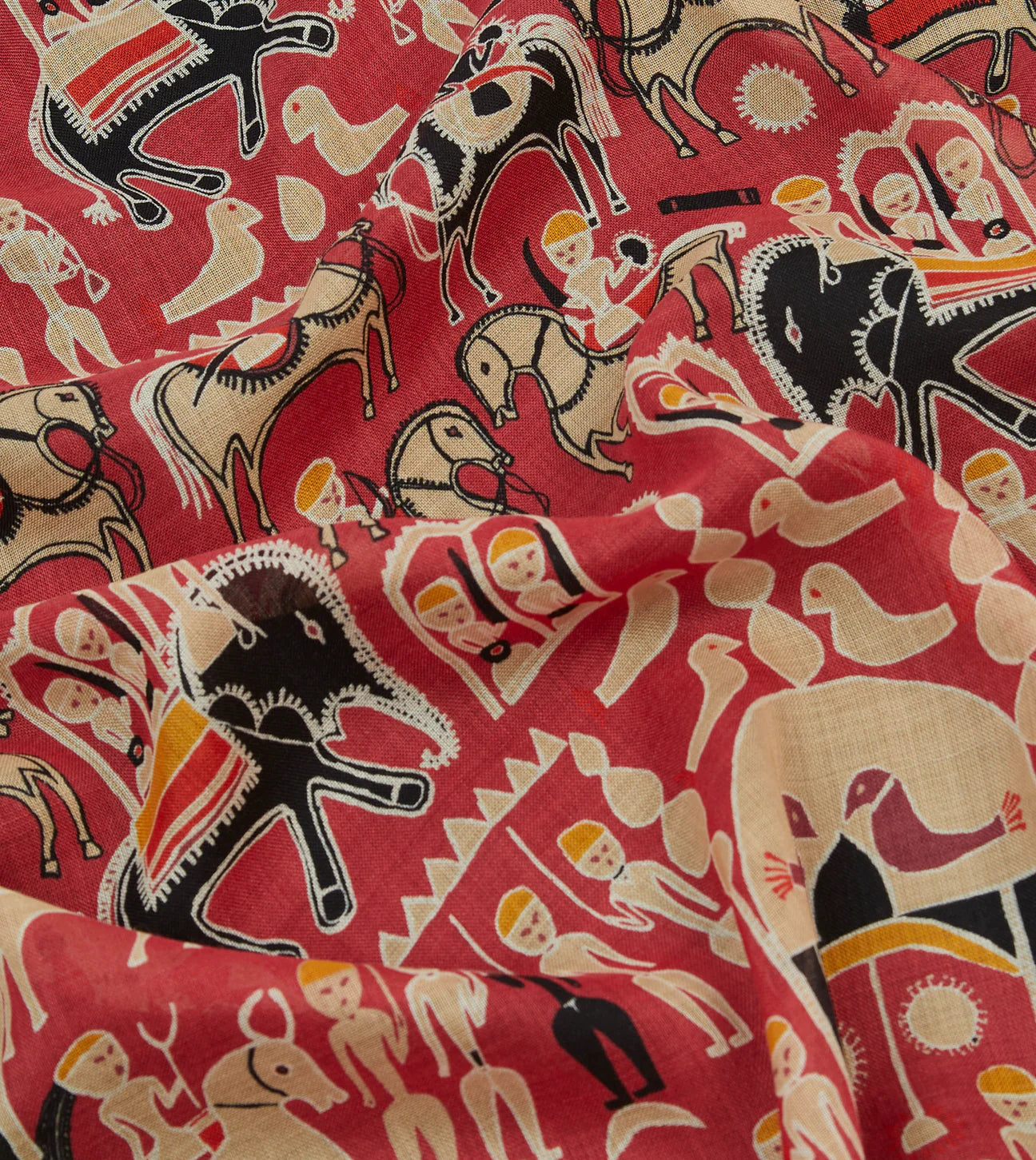 Tribal Elephants Wool-Silk Scarf - Black and Red