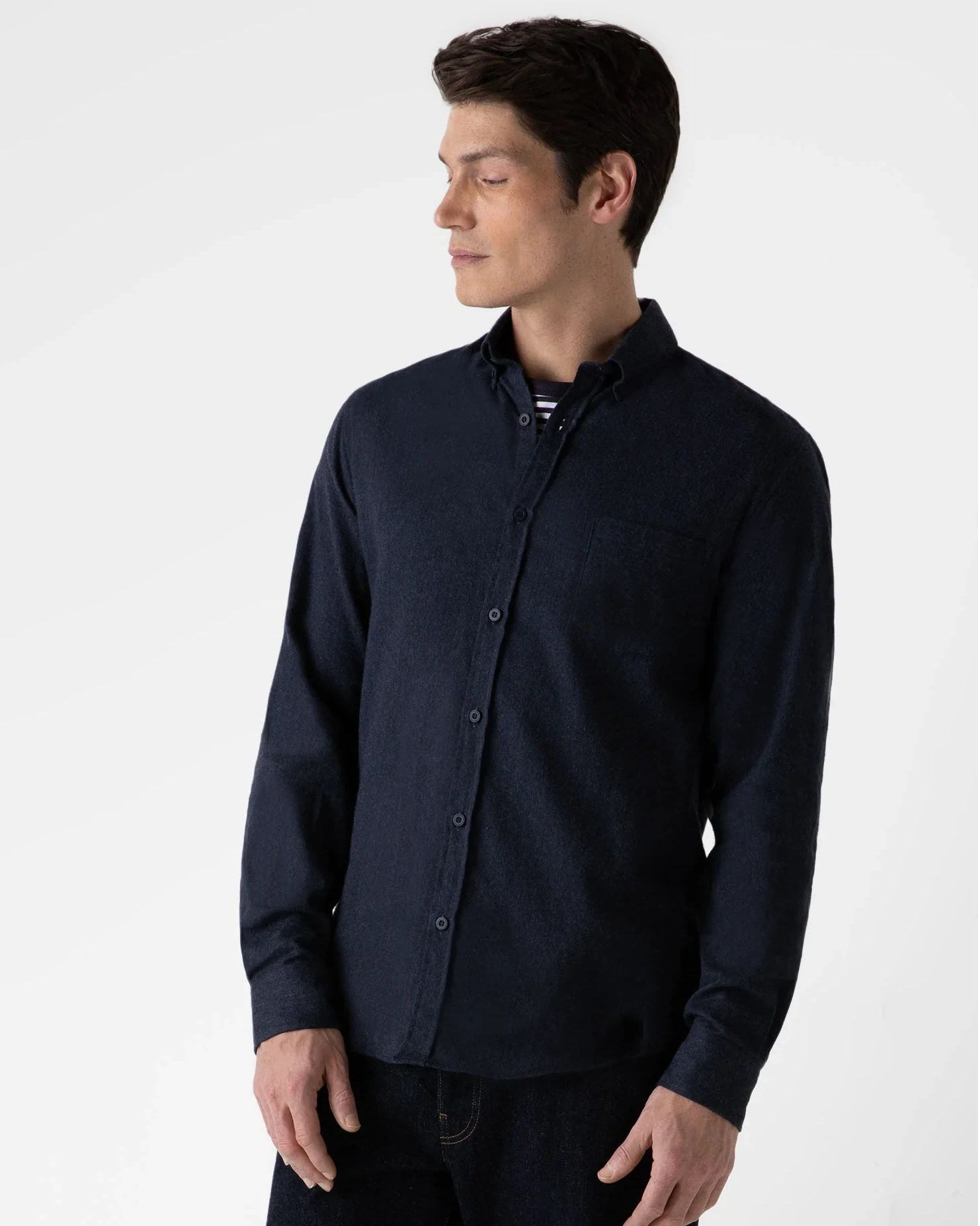 Brushed Cotton Flannel Shirt - Navy Melange